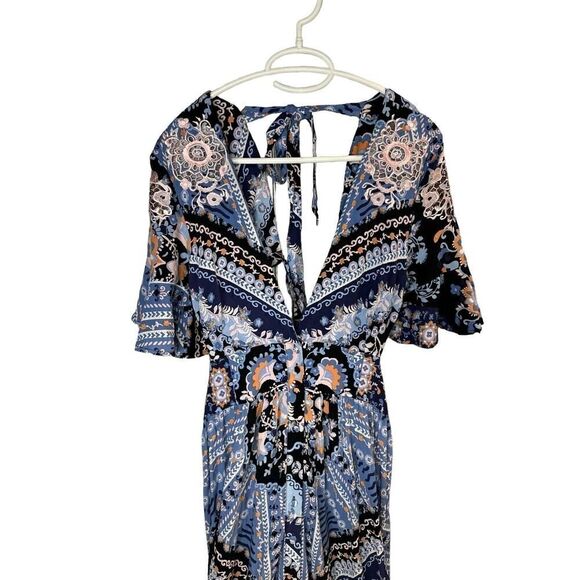 Free People Coco Printed Maxi Dress Blue Black Open Back Small - Picture 8 of 15